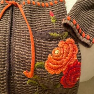 CAbi Embroidered Sweater Cardigan Size M Wool Blend Floral Hooded Y2K Boho Green